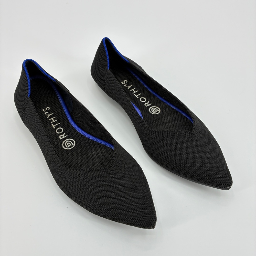 Rothy's Black Pointed Knit Flats with Blue Trim